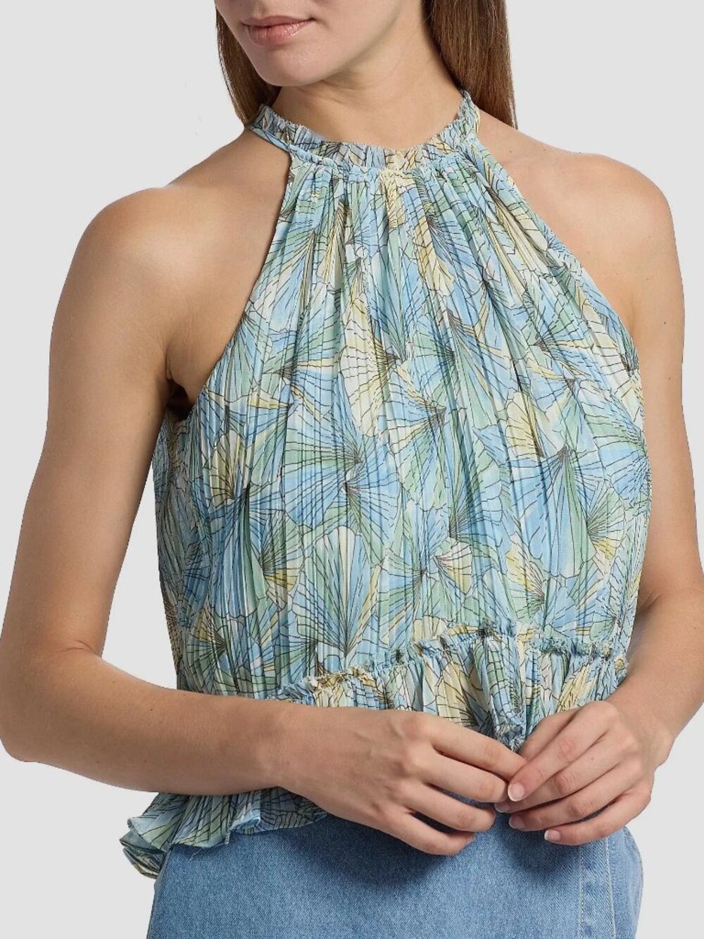 Veronica Beard 'Renee' Sleeveless Petal Floral Halter Top, Powder Blue Multi